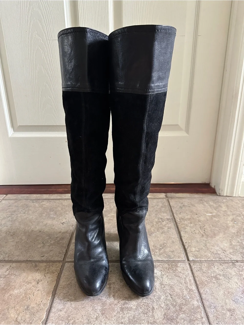 Black Genuine Leather and Suede Knee High Slouch Boots - size 37 size 7